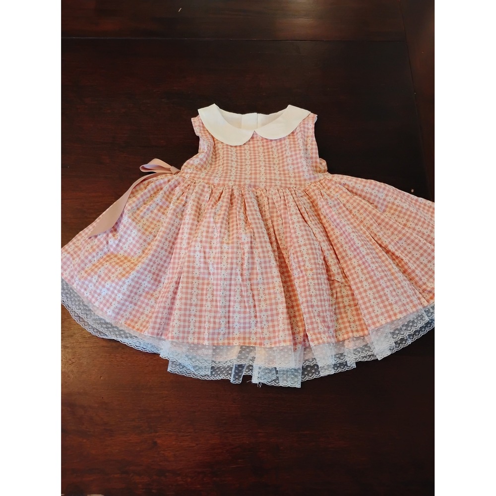 Leyadoll Pink Gingham Floral Baby Girl Dress Peter Pan Collar Lace Hem Bow